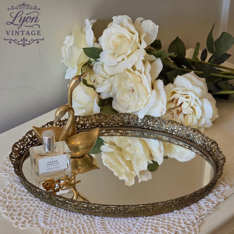 Vintage Ornate Vanity Mirror Tray – Filigree Brass Oval Perfume Display, 1950s