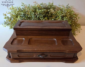 Vintage 1970s Wooden Jewelry Valet Box with Drawer – Velvet Lined Organizer