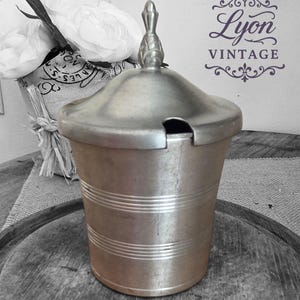 Vintage International Pewter Lidded Sugar Bowl | Pineapple Finial | Mid-Century Modern Pewter Container with Notch Lid