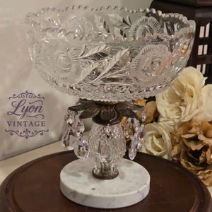 Vintage Crystal Compote with Marble Base and Dangling Prisms – Ornate Pedestal Candy Dish, Mid Century Elegant Decor