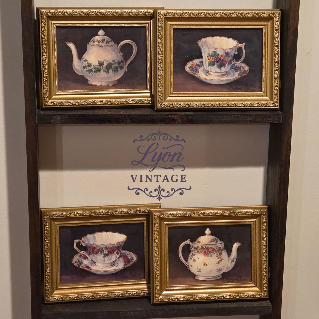 Set of 4 Barbara Mock Framed Tea Set Prints – Vintage Gold Frames ...