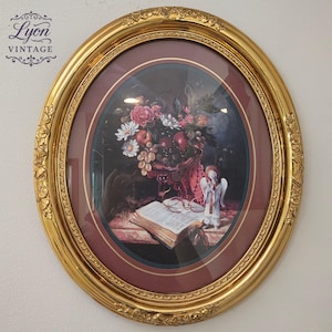 Vintage 1980s Homco Oval Gold Floral Frame with Still Life Print – Angel, Bible & Flowers