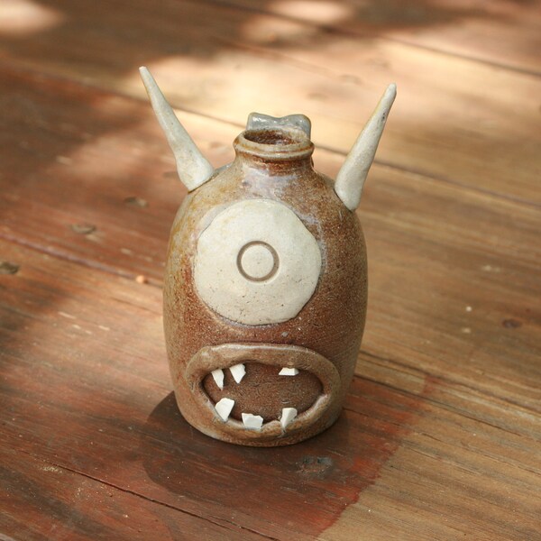Salt Glazed Pottery Face Jug Horned Cyclops Ugly Jug NC Pottery