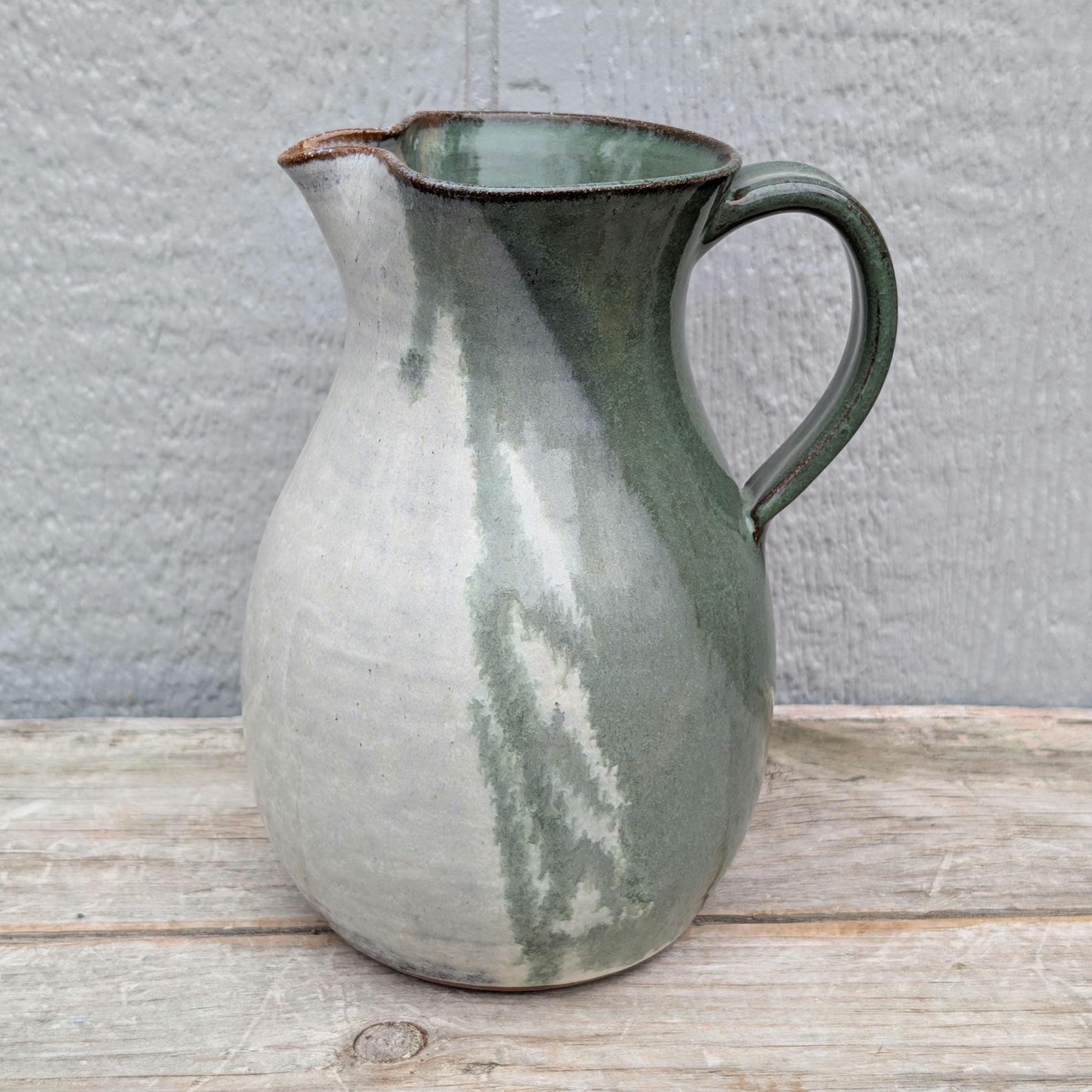 Handmade Green and White Pottery Pitcher | 54 oz Stoneware Water Jug