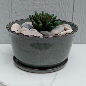 May include: A dark green ceramic planter with a scalloped rim, filled with small white and gray stones and a green succulent plant. The planter sits on a matching saucer. The overall aesthetic is natural and decorative.