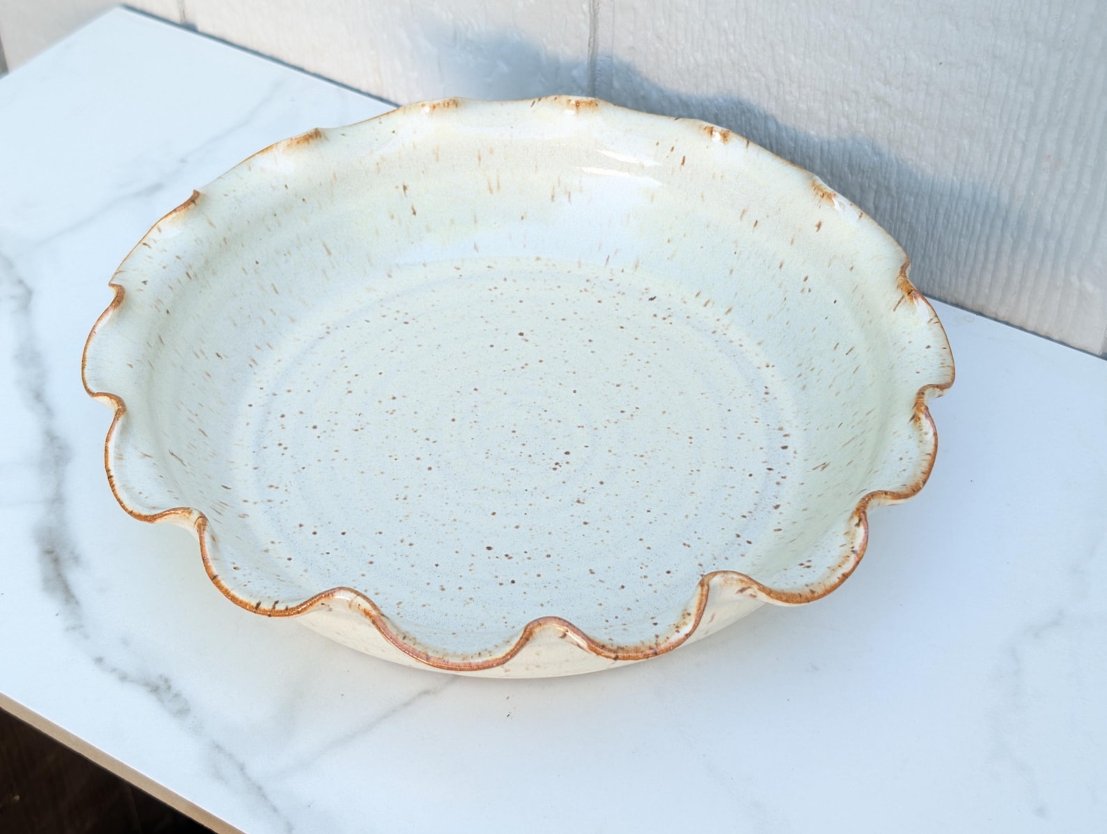 White Speckled Pottery Pie Plate, Speckled Stoneware, NC Pottery Fluted Dish