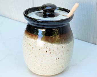Speckled White and Black Honey Pot with Dipper, Handmade NC Pottery