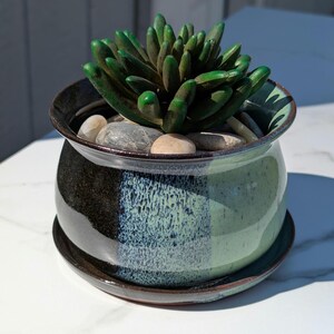 May include: A ceramic succulent planter with a dark green plant. The planter has a black, blue, and green speckled design. The plant is surrounded by small stones. The planter sits on a matching saucer.