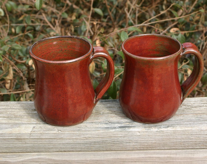 2 Pottery Mugs Handles Rusty Red Glaze NC Pottery Etsy