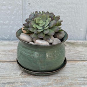 May include: A green ceramic planter with a matching saucer, filled with smooth stones and a succulent plant. The plant has green and purple leaves. The planter has a decorative band around the middle.