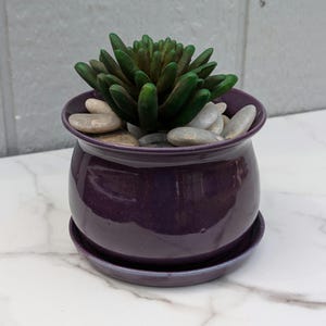 May include: A small, round, deep purple ceramic planter with a matching saucer. The planter holds a green succulent plant and is decorated with small, smooth stones. The planter is sitting on a white marble surface.