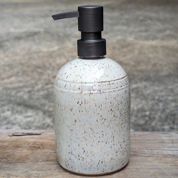 Pottery Soap Dispenser | White Speckled Soap Pump | Bronze Finish Pump