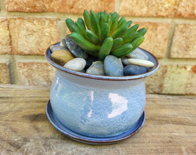 Light Blue Pottery Flower Pot With Saucer Succulent Planter With Dish
