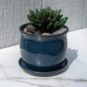 Turquoise Blue Pottery Flower Pot with Saucer: Handmade Ceramic Succulent Planter