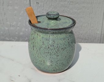 Sugar Bowl, Honey Pot, Handmade Seafoam Green with Slotted Lid, NC Pottery