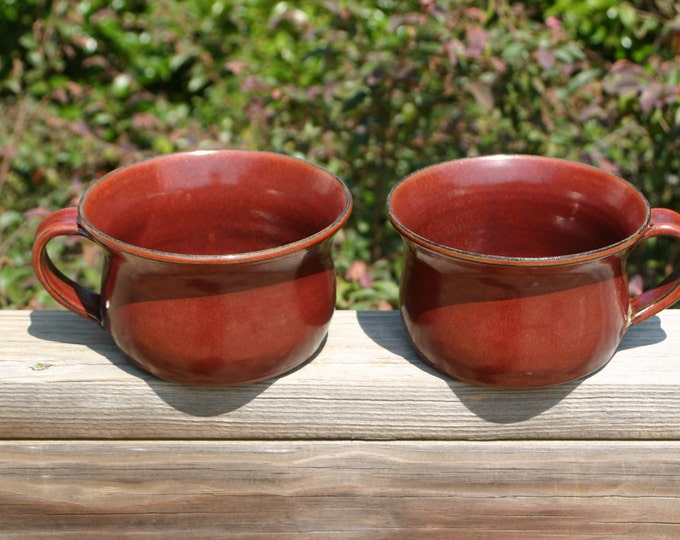 Pottery Soup Bowls With Handle Red Glaze Etsy