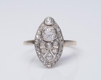 Belle Epoque Old European Diamond Ring, Art Navette Shape Ring, Art Deco Ring For Women, Antique Wedding Ring, Mid Century Engagement Ring