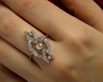 Old Cut Diamond Ring In Gold, Art Nouveau Open Filigree Ring, Art Deco Wedding Ring, Heirloom Style Engagement Ring, Belle Epoque Retro Ring