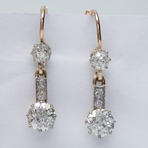 1.85CTW Antique Diamond Earrings Old European Cut, Two Tone Gold Retro Drop Earring, Four Stone Dangle Drop Earring,Wedding Anniversary Gift