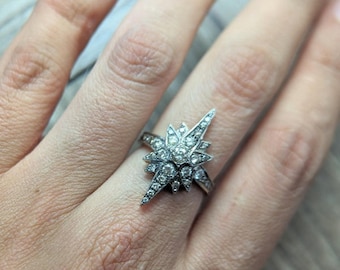 Edwardian Starburst Ring, Round Moissanite Diamond Wedding Ring, Antique Engagement Ring, Vintage Style Star Ring, Christmas Gift For Her