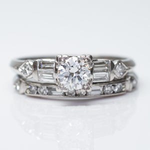 0.91CTW Art Deco Diamond Wedding Band And Ring Set, White Gold Bridal Ring Set, Art Deco Engagement Ring Set, Proposal Ring Set For Her