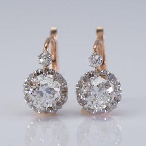 2.31CTW Old European Cut French Diamond Earring, Two Tone Lever Back Earring, Women&#39;s Dangle Drop Earring, Two Stone Wedding Earring For Her