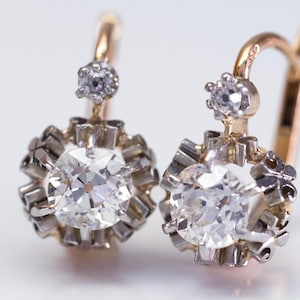 1.45CTW Antique Old Cut Diamond Mixed Metal Dormeuses French Earring, Lever Back Drop Earring, Vintage Style Retro Earring,Two Stone Earring