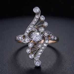 Elegant Art Nouveau Moissanite Diamond Ring, Victorian Lozenge Dinner Ring, Antique Art Deco Two Tone Engagement Ring, Women's Party Ring