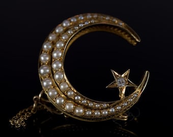 Vintage Style Pearl & Diamond Crescent Brooch, Moon With Star Brooch, Yellow Gold Half Moon Brooch, Celestial Pin Brooch For Him And Her