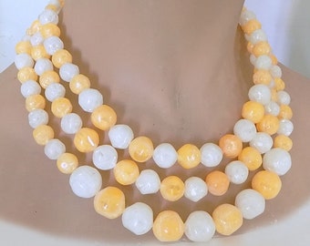 1950s-60s Mrs. Maisel three strand necklace of plastic beads with your choice of white glitter or pale coral button clip earrings