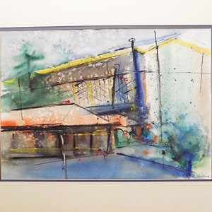 1960s MCM watercolor by Shaver or Shover / Architecture / painting / art / mid-century / American Art