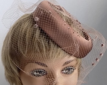 1950s-60s  Copper Tone Satin Ring Hat with Veil, designer / Harriman / San Francisco / made in the USA / wedding