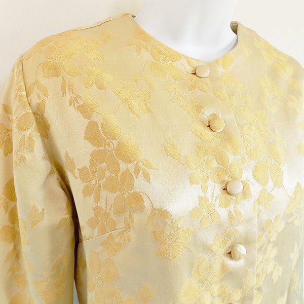 1960s Elegant gold floral brocade jacket / 6 original covered buttons / unlined / MOD / 3/4 sleeves / no label / home made?