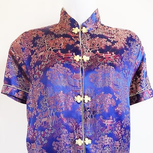 1960s Chinese royal blue satin brocade blouse / short sleeves / pockets / &quot;squirrel&quot; / M - L