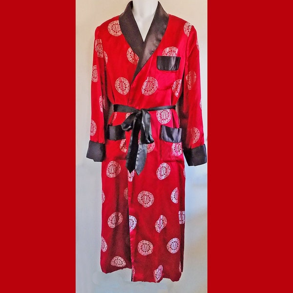 1960s Red Chinese Silk Robe, Smoking Jacket, Cerise Satin/Gold Brocade, Black Shawl Collar and sash, Solz Squirrel, Large pockets, Unisex