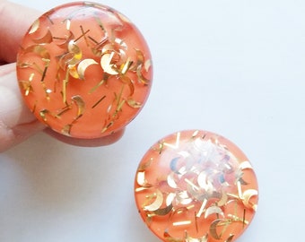 1950s Orange and gold half moon confetti Lucite clip earrings, 1.5 " wide/ large / Halloween / Rockabilly