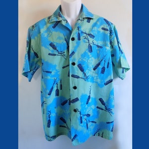 1950s-60s Loop collar HOLO-HOLO  Hawaiian shirt / L / TIKI  / Tie Dyed / Blue / Green / Tiki Torches