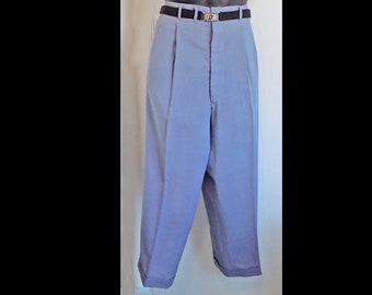 RARE 1940s-50s Pleated drop loop men's pants in textured light blue textured fabric, w 40", rise 13.5", inseam 26", cuff 1.25"