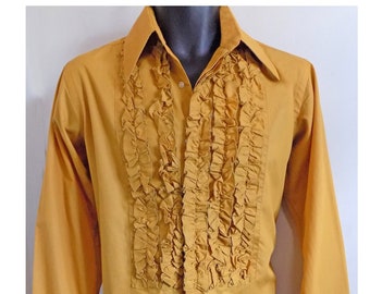 1970s Ruffled Dagger Collar deep gold tuxedo shirt by AFTER SIX, 15/ 33, cuffs can use cufflinks or add a button option.