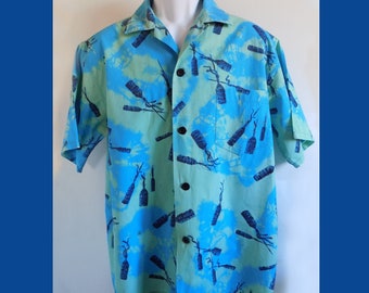 1950s-60s Loop collar HOLO-HOLO  Hawaiian shirt / L / TIKI  / Tie Dyed / Blue / Green / Tiki Torches