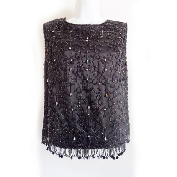 1960s Black Beaded satin Top from Hong Kong with silk lining /  sleeveless / sequinned / S-M/ wedding / New Years / G0-GO /