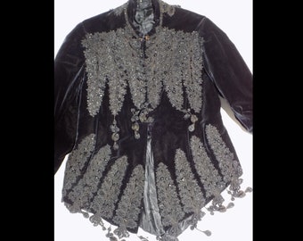 1800s Wearable mourning jacket/ jet beaded appliques with tassels, velvet, bustle, Goth, Medium, good for stage, TV, etc.