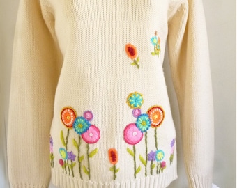 1960's MOD Boat Neck sweater designed by Len Wasser for Pant-Mate with hand embroidered flowers