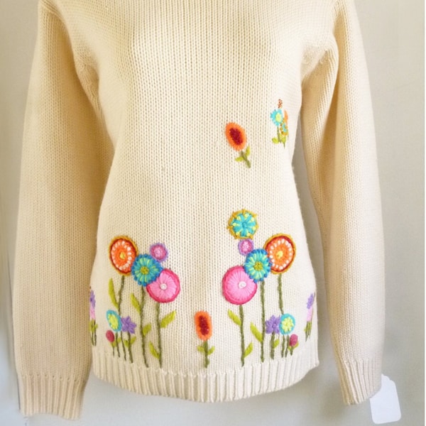 1960's MOD Boat Neck sweater designed by Len Wasser for Pant-Mate with hand embroidered flowers