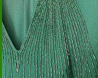 1940s rayon crepe dark green dress with art deco iridescent bugle beadwork / Benham, / New York / Union label