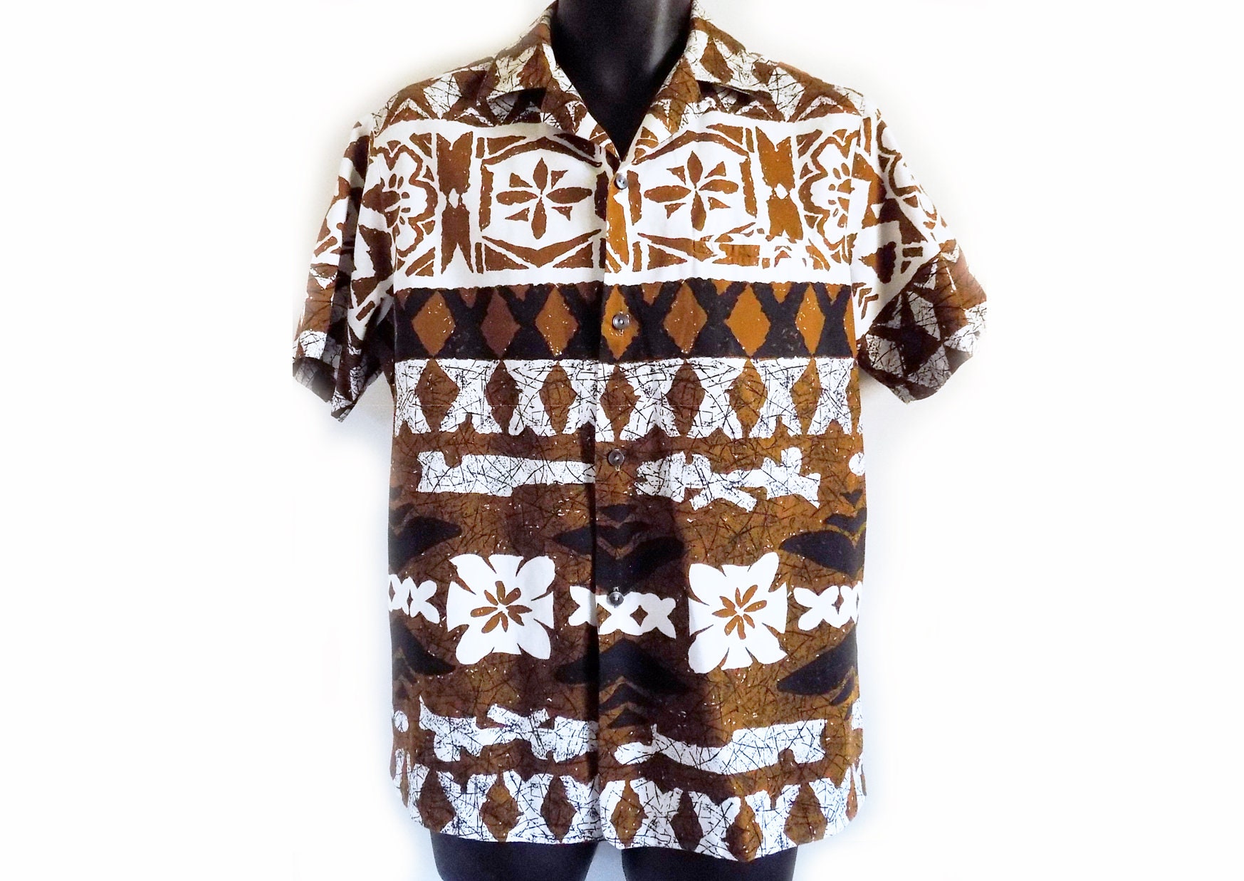 トップス Brown Beach 50s 1950s-60s Loop Collar Hawaiian Shirt / Brown / Tiki - Etsy