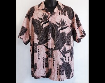 1990s Tiki 2XL cotton Hawaiian shirt by MD Fashions, Made in Hawaii, Bird of Paradise, Tribal carving motif