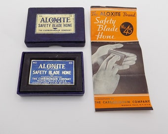 1920s-30s ALOXITE Shaving Blade honing stone, Made in Niagara Falls, New York, Carborundum Co., instruction booklet included