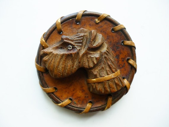 1940s Large Wood and Leather Dog Brooch