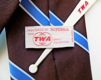 1970s Polyester TWA wide tie with swizzle stick / Superba / Brown and blue / striped / Airline / Aviation / Trans World Airlines